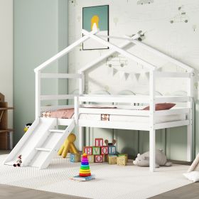 Twin Low Loft House Bed with Slide, Ladder, Safety Guardrails, House Roof Frame,White