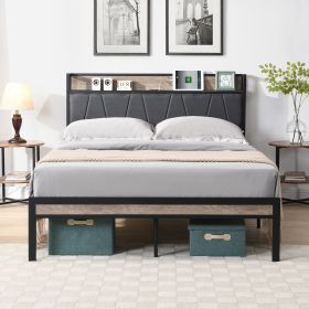 Queen Size Metal Platform Bed Frame with upholstery storage function Headboard and USB LINER and Footboard , No Box Spring Needed, Large Under Bed Sto