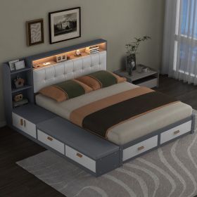 Queen Size Low Profile Platform Bed Frame with Upholstery Headboard and Storage Shelves and Drawers,USB Charging Design,Gray