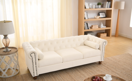 Classic Traditional Living Room Upholstered Sofa with velvet fabric Surface/ Chesterfield Tufted Fabric Sofa Couch, Large-White