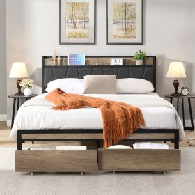 FULL Size Metal Platform Bed Frame with upholstery storage function Headboard and USB LINER and Footboard with drawers , No Box Spring Needed, Large U