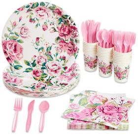 144 Piece Vintage Style Tea Party Supplies with Pink Floral Paper Plates, Napkins, Cups, and Cutlery, Disposable Tableware Set for Girls Baby Shower,