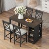 TOPMAX 60"Lx30"W Solid Wood Farmhouse Counter Height Dining Table Set with 3-Tier Storage Shelves, Upholstered Dining Chairs for 4, 5-Piece, Gray