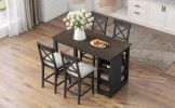 TOPMAX 60"Lx30"W Solid Wood Farmhouse Counter Height Dining Table Set with 3-Tier Storage Shelves, Upholstered Dining Chairs for 4, 5-Piece, Gray