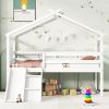 Twin Low Loft House Bed with Slide, Ladder, Safety Guardrails, House Roof Frame,White