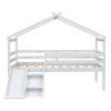 Twin Low Loft House Bed with Slide, Ladder, Safety Guardrails, House Roof Frame,White