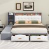 Queen Size Low Profile Platform Bed Frame with Upholstery Headboard and Storage Shelves and Drawers,USB Charging Design,Gray