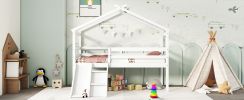 Twin Low Loft House Bed with Slide, Ladder, Safety Guardrails, House Roof Frame,White