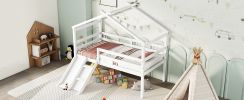 Twin Low Loft House Bed with Slide, Ladder, Safety Guardrails, House Roof Frame,White