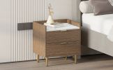 Wooden Nightstand with 2 Drawers and Marbling Worktop, Mordern Wood Bedside Table with Metal Legs&Handles, Walnut