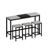 Modern Design Kitchen Dining Table, Pub Table, Long Dining Table Set with 3 Stools, Convenient Hanging Stool Design, Grey+Black