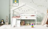 Twin Low Loft House Bed with Slide, Ladder, Safety Guardrails, House Roof Frame,White