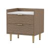 Wooden Nightstand with 2 Drawers and Marbling Worktop, Mordern Wood Bedside Table with Metal Legs&Handles, Walnut